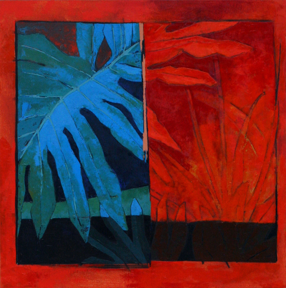 Rojo -azul Hoja   60x60cm Ã³leo /lienzo    2015